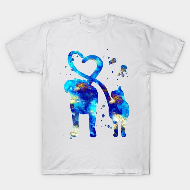 Cat and Dog With Heart Tails Watercolor Painting 3 T-Shirt by Miao Miao Design